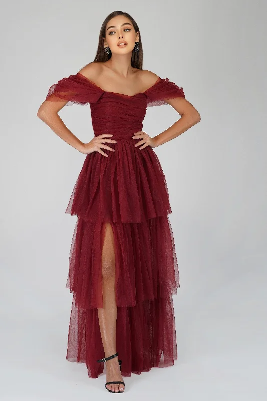 Empire Waist Women Dress to Accentuate the Bust and Conceal the WaistSydney Burgundy Tulle Maxi Dress