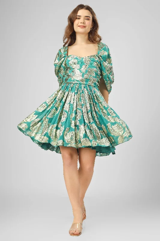 Wrap - Style Women Dress with Adjustable Fit for All Body TypesSydney Metallic Printed Mini Dress in Aqua Green