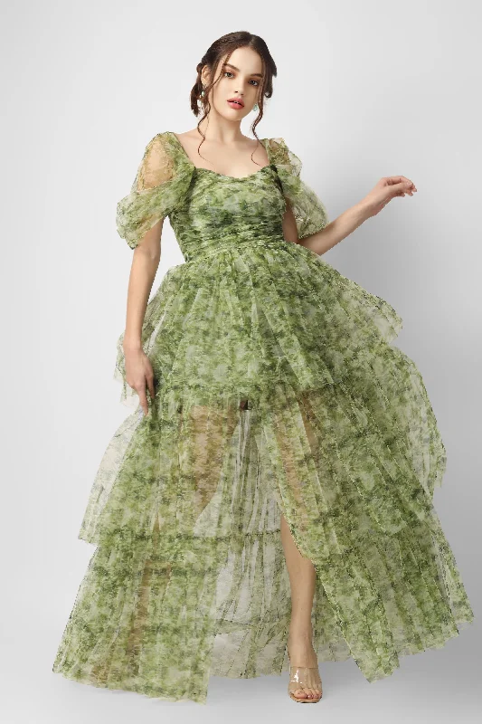 Backless Women Dress for a Sexy and Alluring Look at Evening EventsSydney Tulle Maxi Dress in Green Print