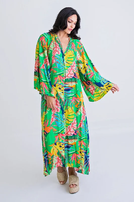 Backless Women Dress for a Sexy and Alluring Look at Evening EventsTropical Button Sleeve Kaftan Maxi Dress