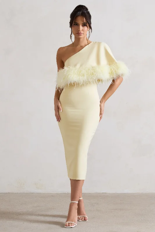 Wrap - Style Women Dress with Adjustable Fit for All Body TypesVictory | Lemon One Shoulder Midi Dress With Feather Trim