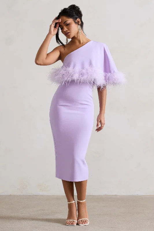 Empire Waist Women Dress to Accentuate the Bust and Conceal the WaistVictory | Lilac One Shoulder Midi Dress With Feather Trim