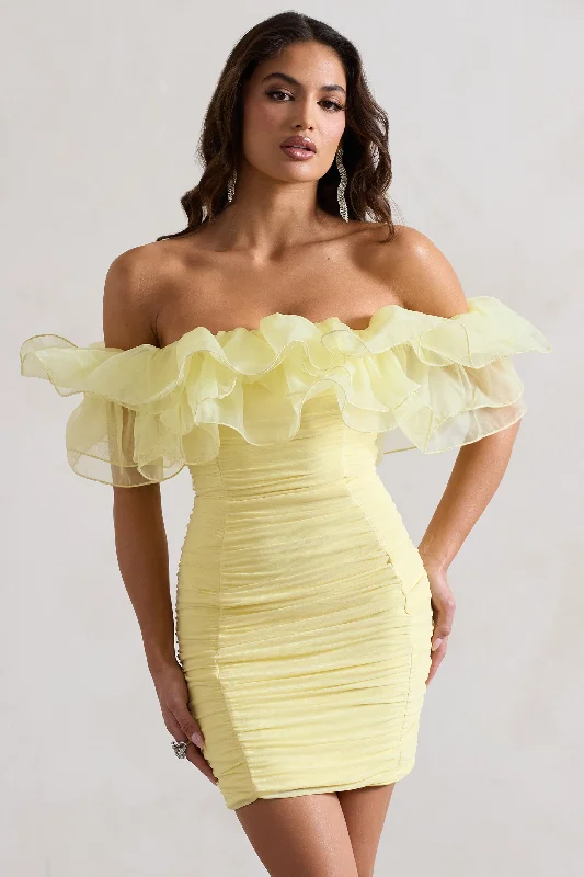 Strapless Women Dress with a Built - in Bra for Comfort and SupportWaterlily | Lemon Ruched Bardot Mini Dress With Organza Trim