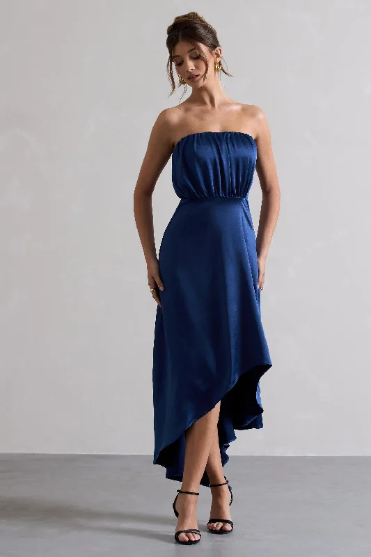 Lace - Embellished Women Dress for an Elegant and Sophisticated AppearanceWilla | Navy Satin Bandeau Maxi Dress With Asymmetric Hem