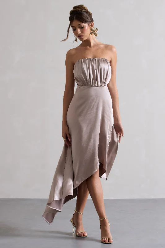 Strapless Women Dress with a Built - in Bra for Comfort and SupportWilla | Taupe Satin Bandeau Maxi Dress With Asymmetric Hem