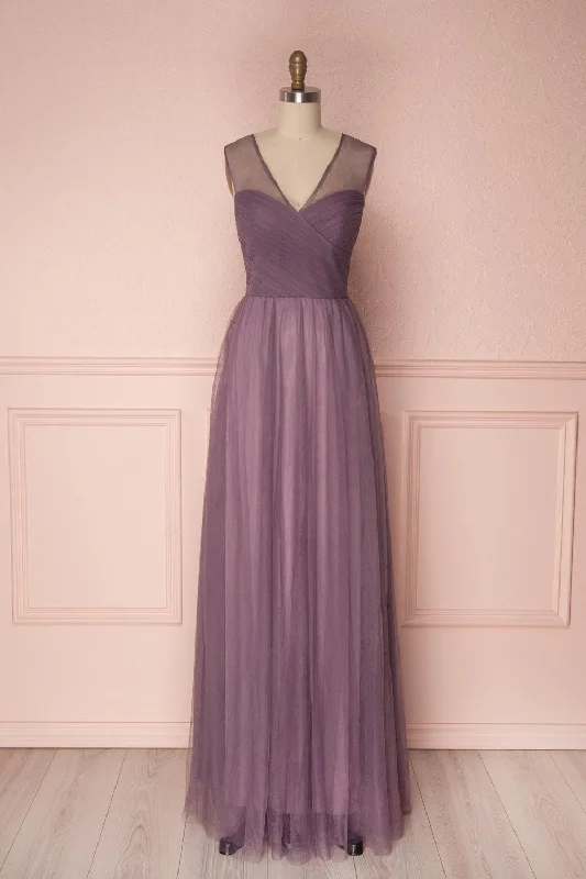 Empire Waist Women Dress to Accentuate the Bust and Conceal the WaistAdifa Mauve | Net Tulle Sleeveless Gown