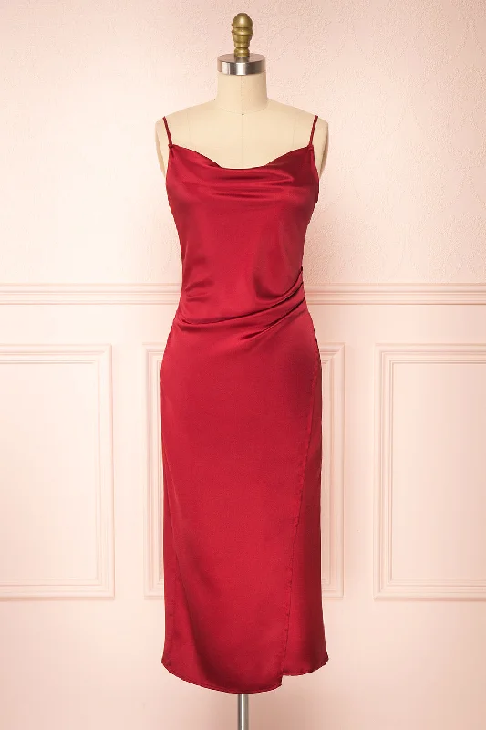 Pleated Women Dress with a Timeless and Elegant TextureChloe Wine | Cowl Neck Satin Slip Dress