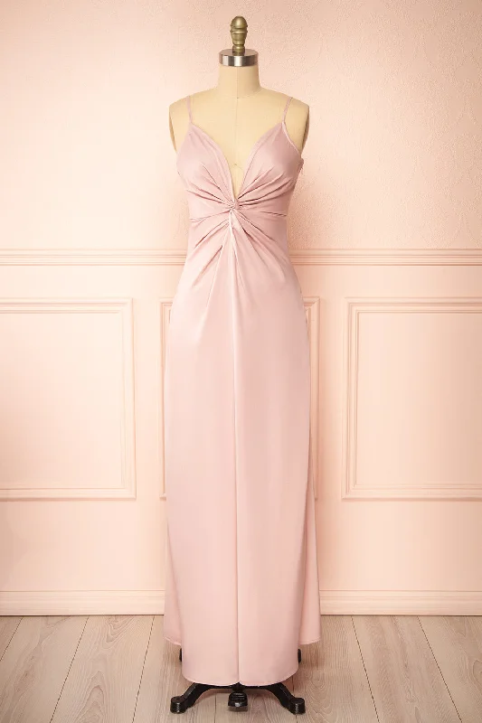 Ruffled Women Dress with Multiple Layers for a Playful and Girly StyleDeborah | Maxi Pink Dress w/ Deep Neckline