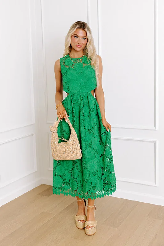 Empire Waist Women Dress to Accentuate the Bust and Conceal the WaistEnchanting Elegance Lace Cut Out Midi in Green