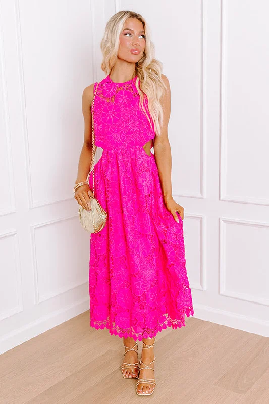 Mini Women Dress with a Short Hem for a Young and Trendy StyleEnchanting Elegance Lace Cut Out Midi in Hot Pink