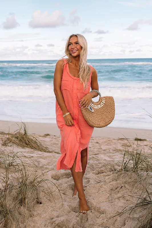 Ruffled Women Dress with Multiple Layers for a Playful and Girly StyleFree Spirited Frayed Midi in Coral