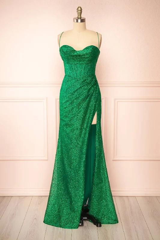 Ball Gown Women Dress with a Full Skirt for a Princess - like LookFrosti Green | Sparkly Cowl Neck Maxi Dress