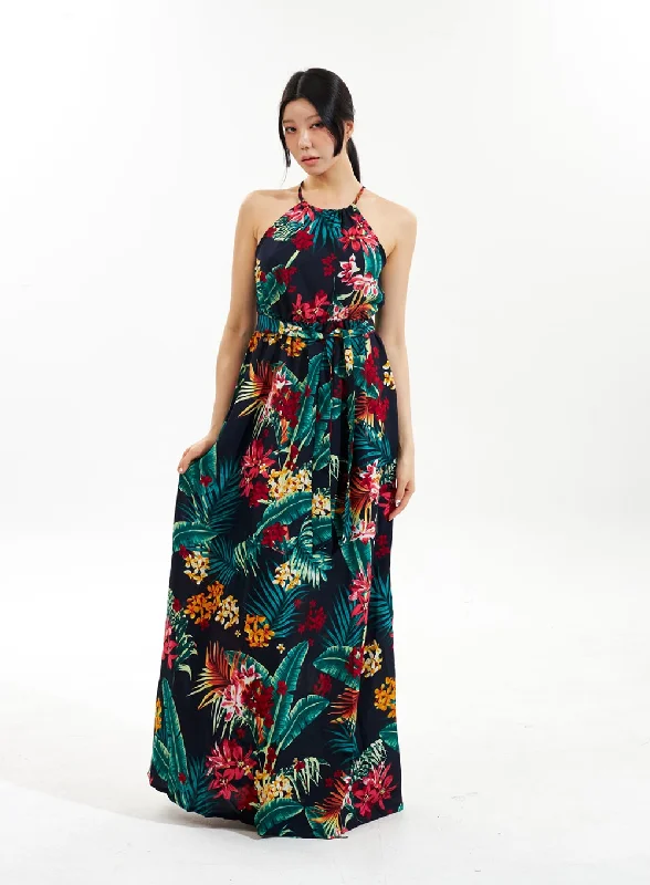 Printed Abstract Women Dress for a Modern and Artistic AppealHalter Neck Flower Maxi Dress IU308