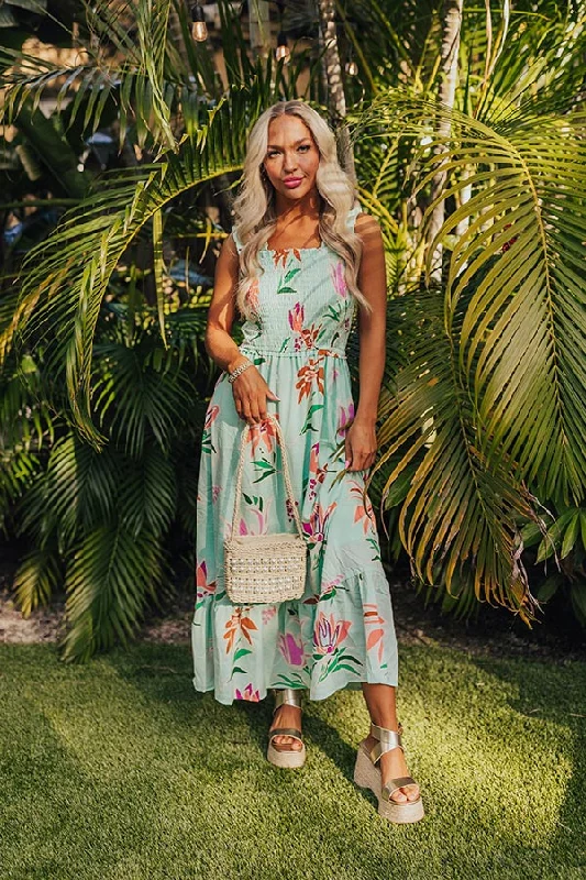 Off - the - Shoulder Women Dress for a Romantic and Feminine LookHappy Blooms Smocked Midi in Mint