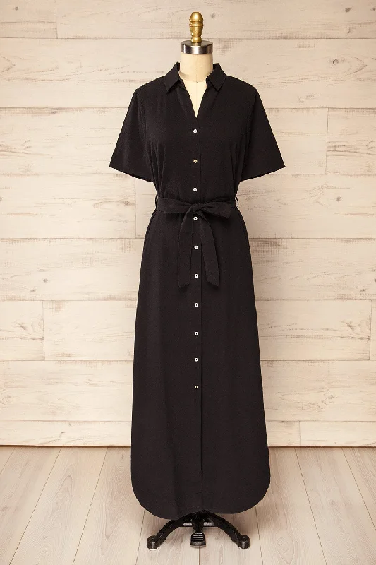 Halter Neck Women Dress to Show Off the Shoulders and NecklineHyris Black | Long Shirt Dress w/ Belt