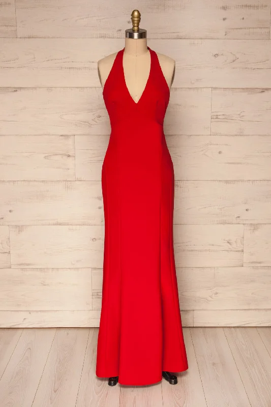 Strapless Women Dress with a Built - in Bra for Comfort and SupportLubomierz | Red Halter Maxi Dress