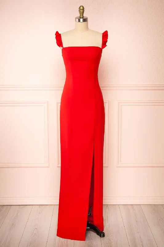 Sheath Women Dress with a Tailored Fit for a Professional LookMia Red | Maxi Dress w/ Ruffled Straps