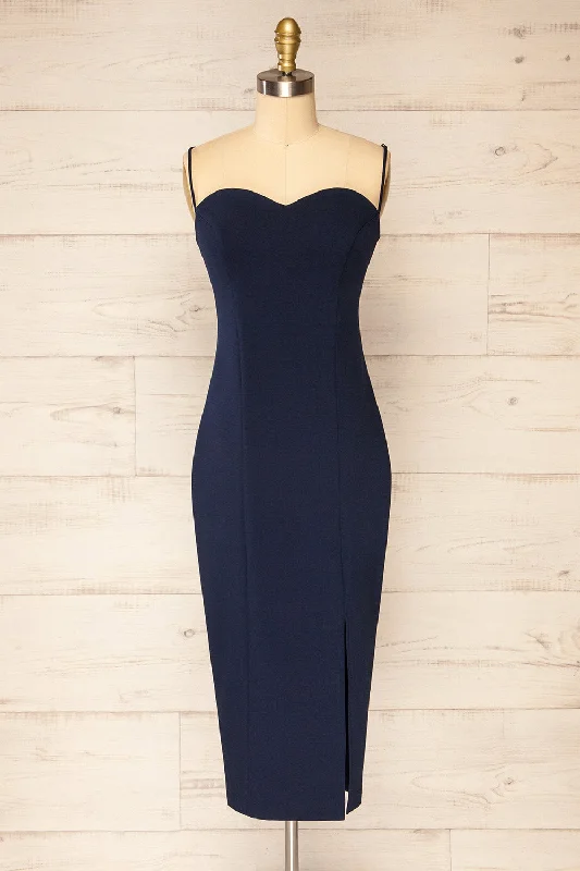 Little Black Women Dress with Sequins for a Glamorous Night OutMiira Navy | Fitted Midi Dress w/ Sweetheart Neckline