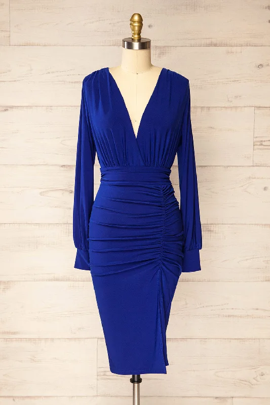 Strapless Women Dress with a Built - in Bra for Comfort and SupportPessac Blue | Fitted Midi Dress w/ Long Sleeves