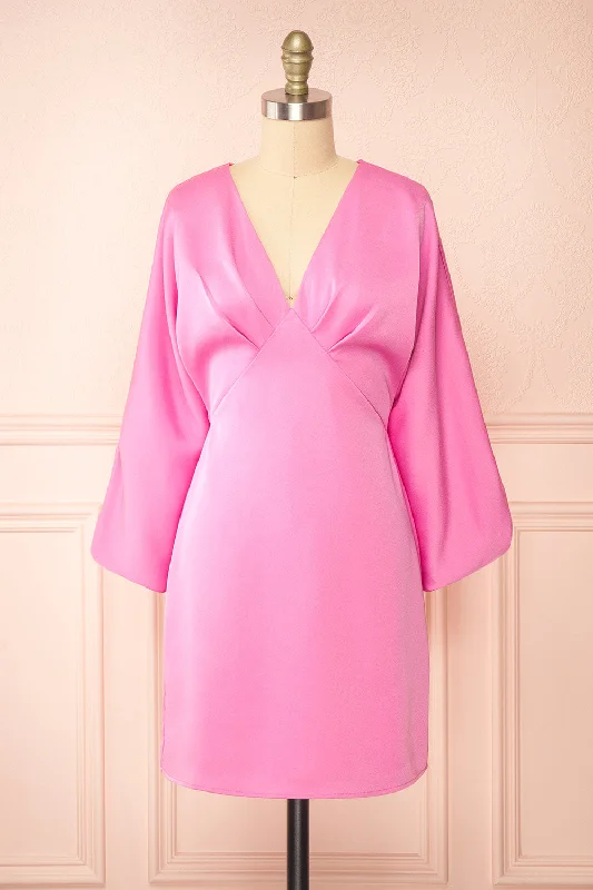 Mermaid - Style Women Dress with a Fitted Silhouette for Special OccasionsRosalyn | Short Pink Dress w/ Puffy Sleeves