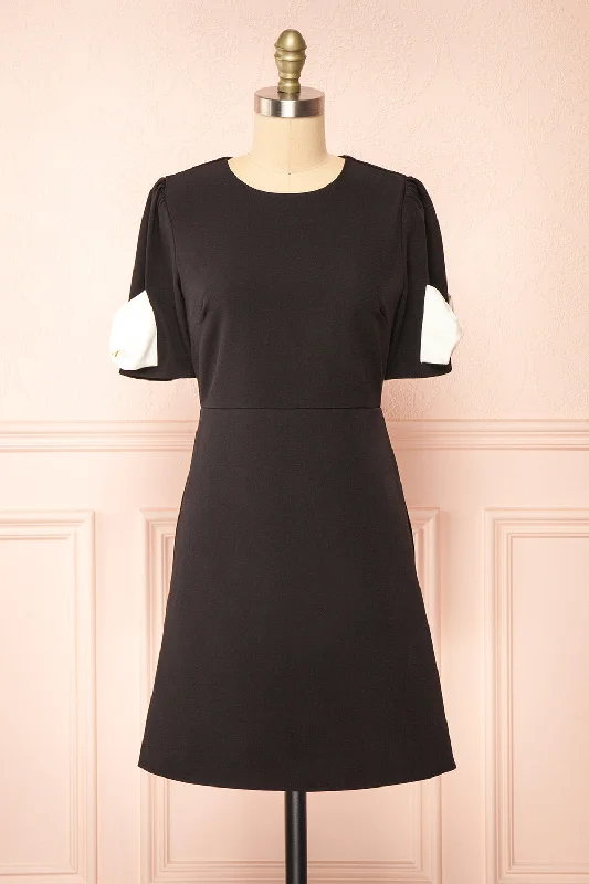 Pleated Women Dress with a Timeless and Elegant TextureRosette | Short Black Dress w/ White Bows