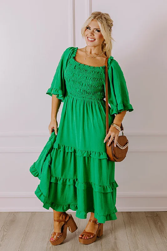 Ruffled Women Dress with Multiple Layers for a Playful and Girly StyleToes In The Sand Smocked Midi in Green Curves