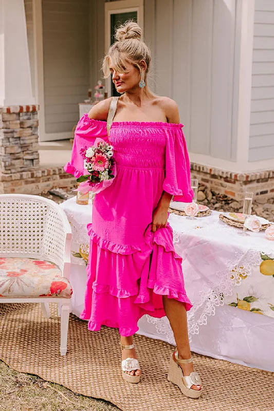 Maxi Women Dress with Floral Print for a Bohemian VibeToes In The Sand Smocked Midi In Hot Pink