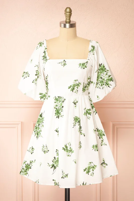 Sheath Women Dress with a Tailored Fit for a Professional LookVertuosa | Short White Dress w/ Green Flowers