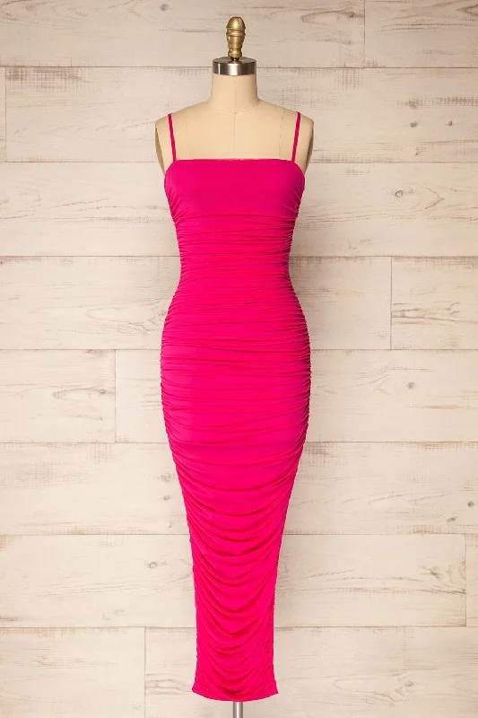 Little Black Women Dress with Sequins for a Glamorous Night OutYurtof Fuchsia | Fitted Ruched Midi Dress