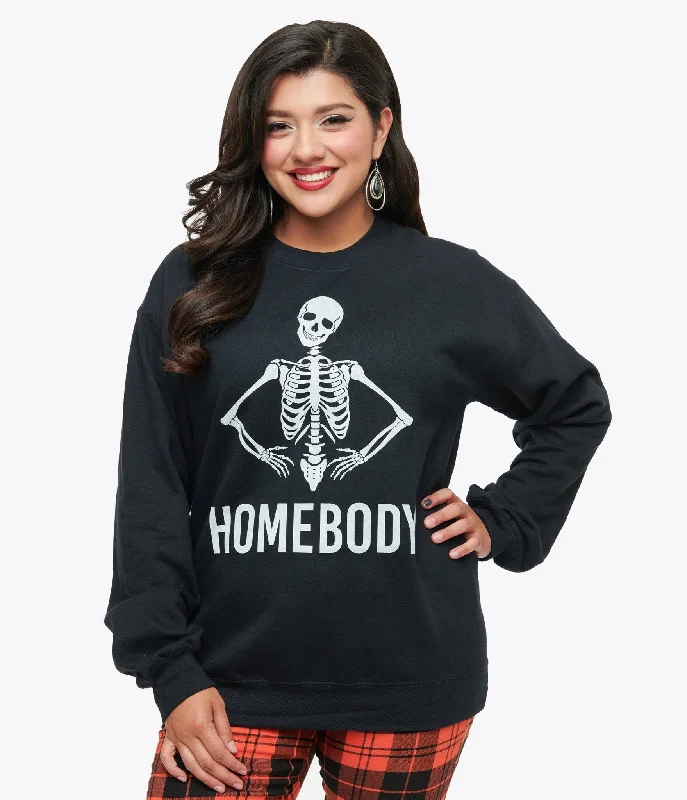 v neck women cardigan to elongate the necklineBlack Homebody Skeleton Crewneck Sweater