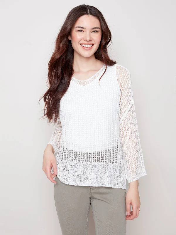 long length women cardigan with side slitsFishnet Crochet Sweater - C2326