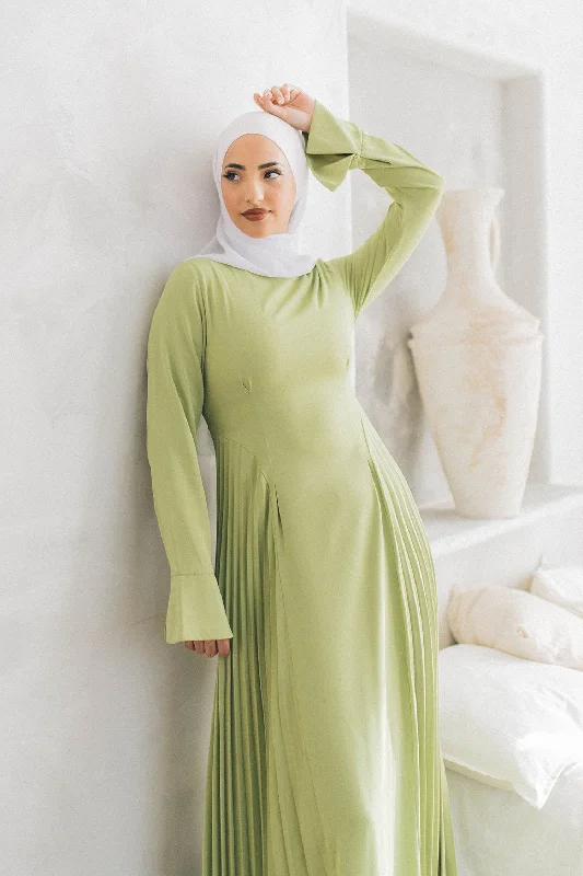 long length women cardigan with side slitsKelsi Soft Pleat Dress- Sage Green