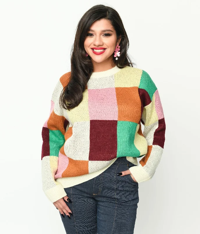 open front women cardigan for easy stylingCream & Multicolor Color Block Checker Sweater