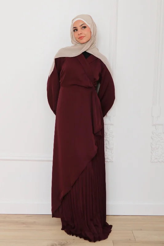 long length women cardigan with side slitsDella Pleat Wrap Dress- Mahogany