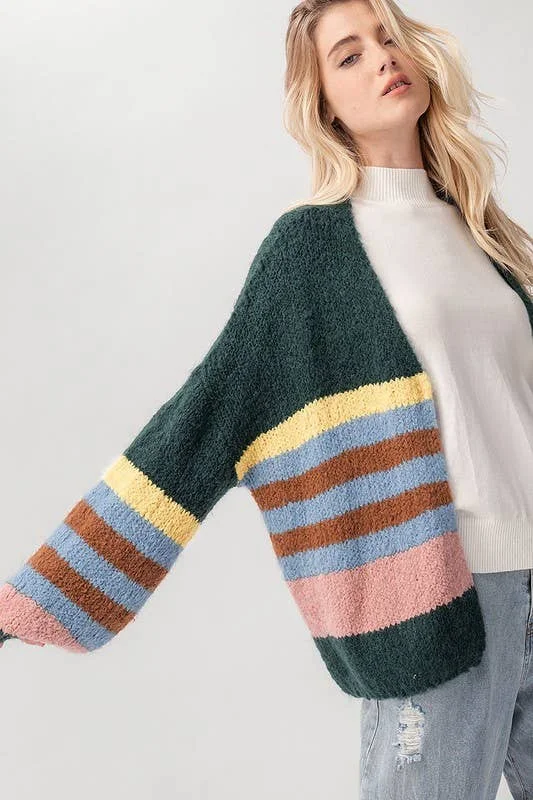 cable knit women cardigan with intricate patternsSOFT KNIT STRIPED OVERSIZED CARDIGAN