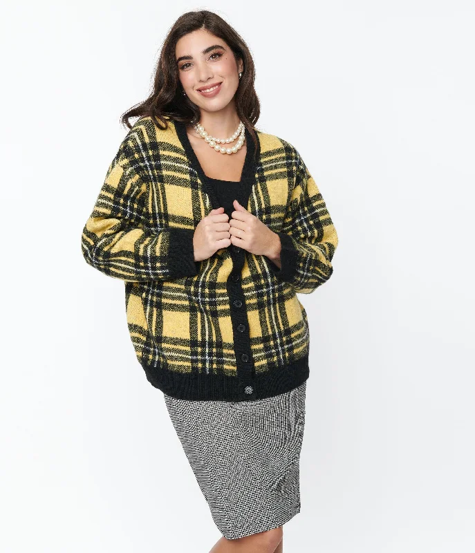 lightweight women cardigan for spring and fallHell Bunny Yellow & Black Plaid Cardigan