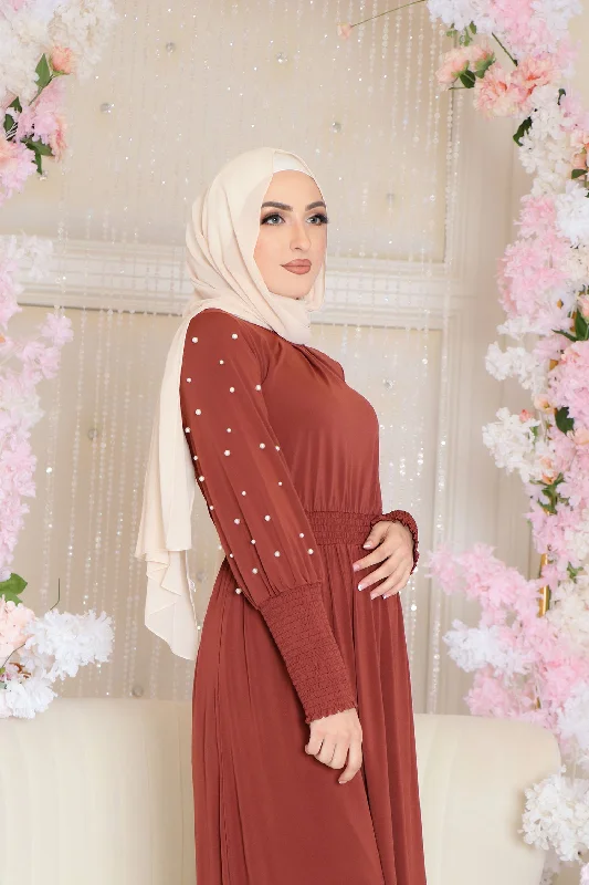 hooded women cardigan for added warmth and styleKylie Pearls Spandex Maxi Dress- Burnt Orange