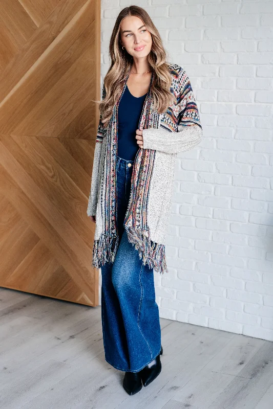 long length women cardigan with side slitsOh So Lucky Fringe Cardigan