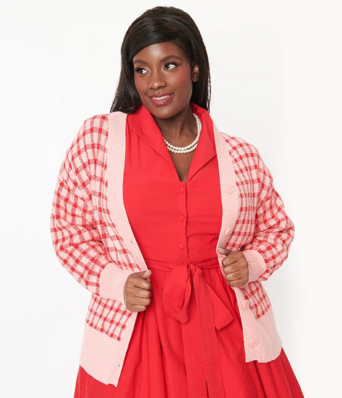 button down women cardigan with vintage buttonsPink & Red Checkered Cardigan