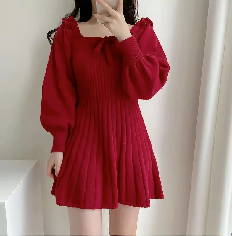 hooded women cardigan for added warmth and styleRibbed Square Neck Mini Sweater Dress (Red)