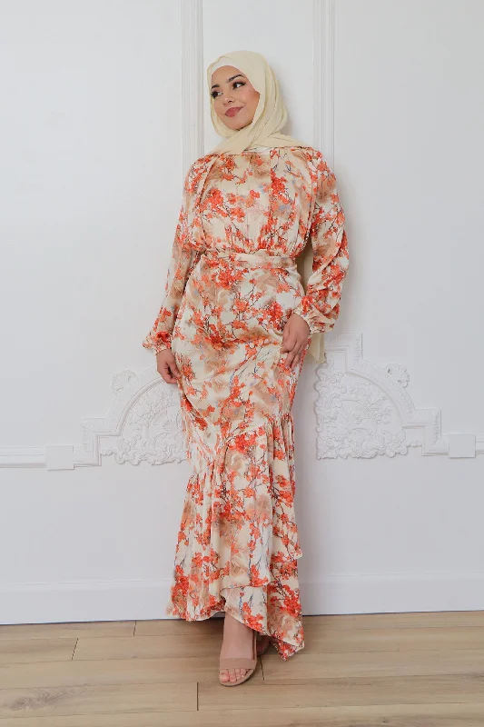 button down women cardigan with vintage buttonsThalia Satin Floral Chiffon Maxi Dress- Muted Peach