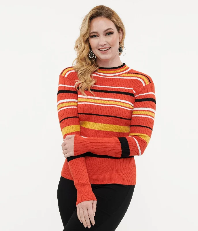 machine washable women cardigan for easy careVoodoo Vixen 1970s Orange Striped High Neck Sweater