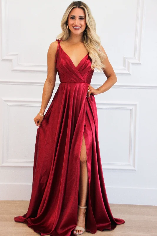 Sheath Women Dress with a Tailored Fit for a Professional LookBorn to Love You Satin Slit Formal Dress: Burgundy