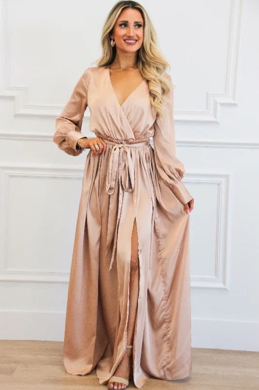 Pleated Women Dress with a Timeless and Elegant TextureJordana Long Sleeve Satin Maxi Dress: Champagne