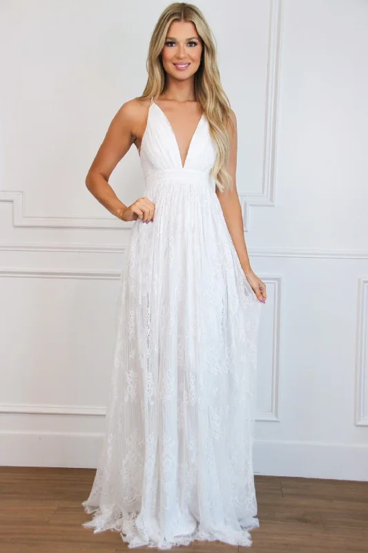 Plus Size Women Dress with a Flattering A - Line Cut for Comfort and StyleJust Like Heaven Lace Maxi Dress: WHITE