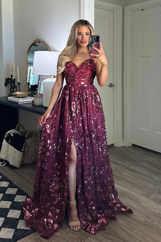 Plus Size Women Dress with a Flattering A - Line Cut for Comfort and StyleMaya Sequin Open Back Maxi Dress: Burgundy