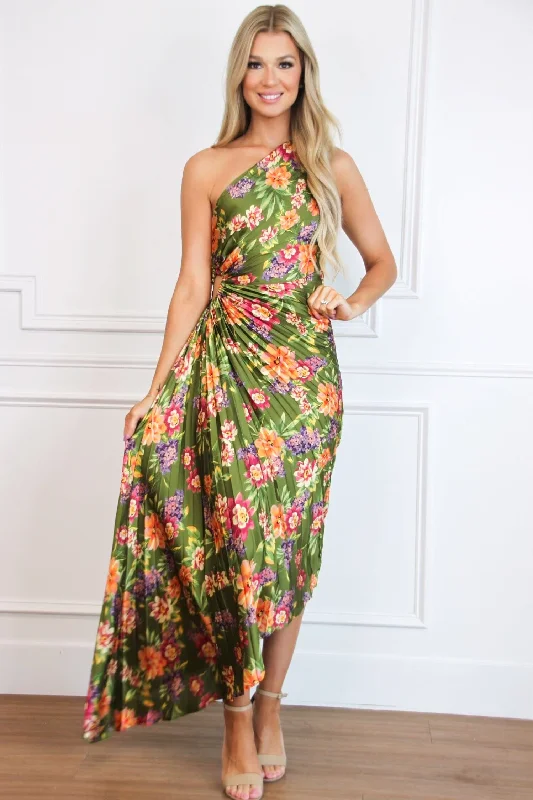 Strapless Women Dress with a Built - in Bra for Comfort and SupportNovelle One Shoulder Pleated Asymmetrical Maxi Dress: Olive Floral