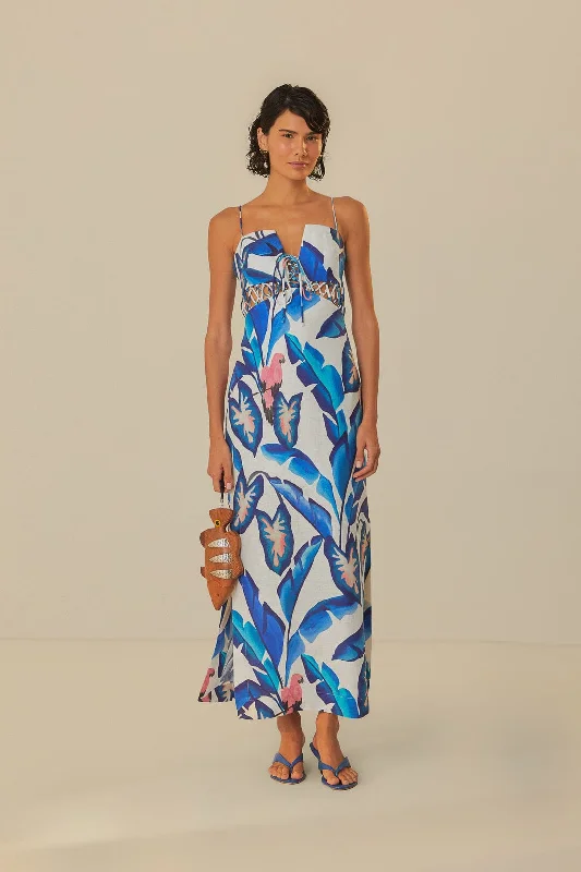 Ruffled Women Dress with Multiple Layers for a Playful and Girly StyleOff-White Blue Foliage Maxi Dress