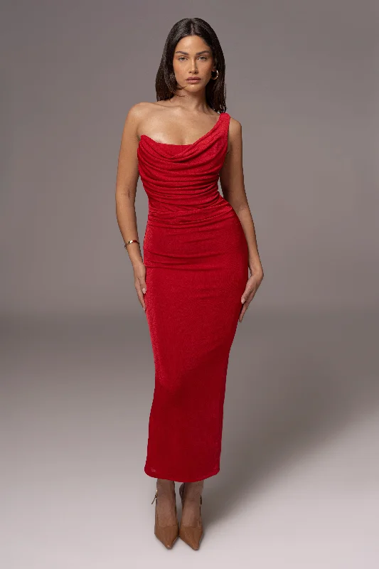 Ball Gown Women Dress with a Full Skirt for a Princess - like LookRed Slinky Krishna One Shoulder Maxi Dress