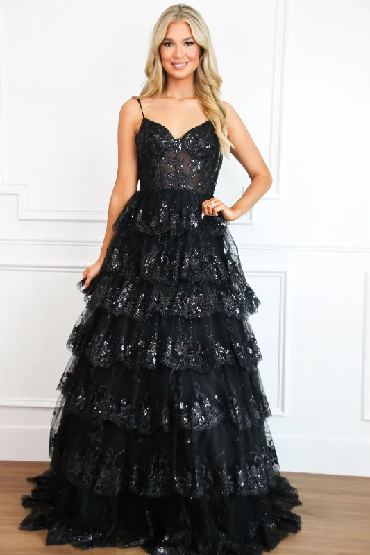 Off - the - Shoulder Women Dress for a Romantic and Feminine LookKehlani Lace Ruffle Sparkly Formal Dress: Black